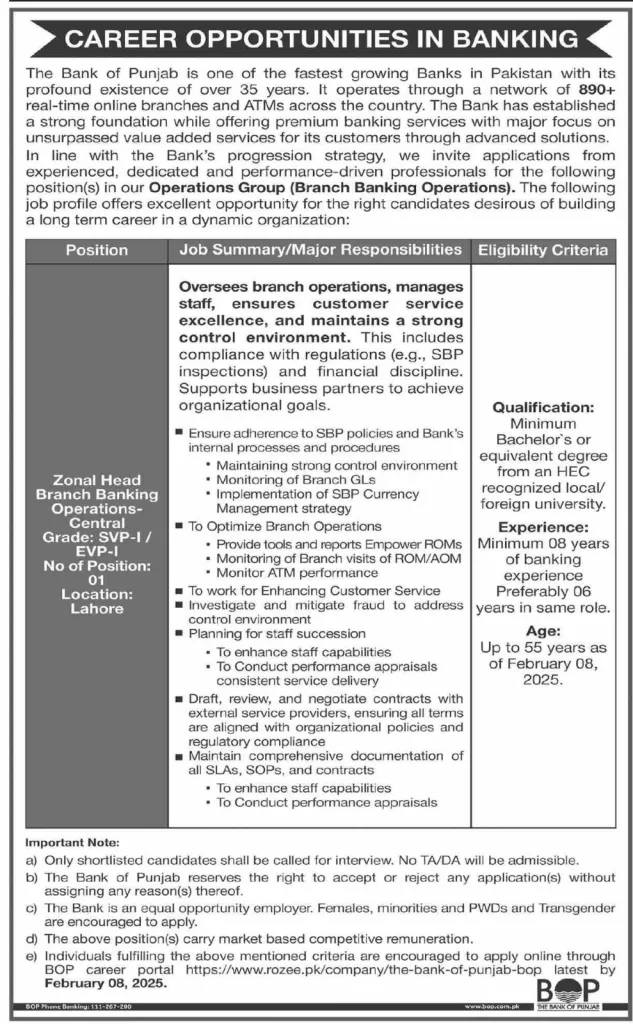 The Bank of Punjab is one of the leading financial institutions in the country, offering a wide range of career options in banking, finance, customer service, administration, and technology. 